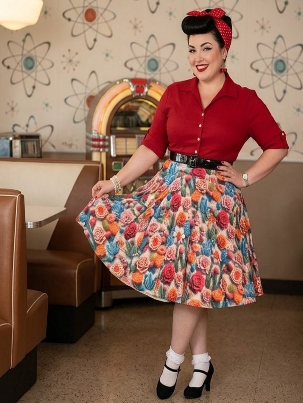 NIB 1X Floral Cactus Swing Skirt Embroidered-Look Sz TC 16 - 24 Flared! Pockets!
